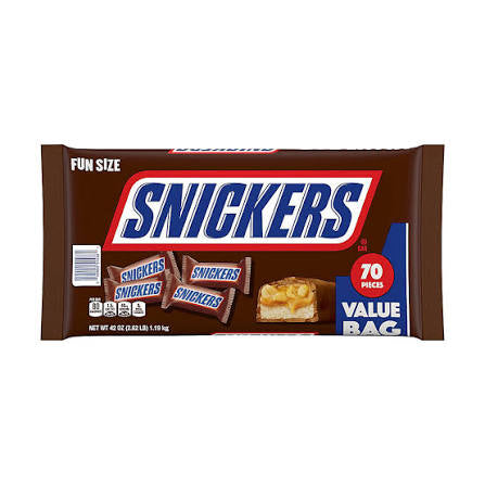 Snickers Fun Size Chocolate Caramel Candy Bars, Value Pack, 70 pk. product packaging