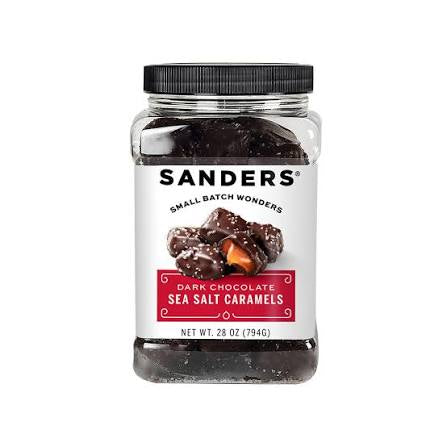 Sanders Dark Chocolate Caramel Sea Salt Tub, 28 oz. product packaging