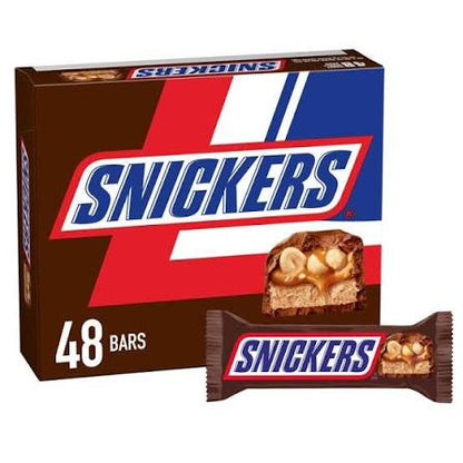 Snickers Chocolate Candy Bars, Caramel, Peanut, Full Size, Individually Wrapped, 48 ct./1.86 oz. product packaging