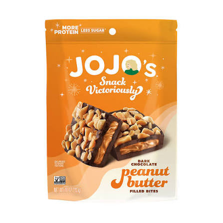 JOJO's Dark Chocolate Peanut Butter Filled Bites, 10 oz. product packaging