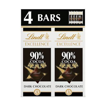 Lindt Excellence 90% Dark Chocolate Candy Bars, 4 ct./3.5 oz. product packaging