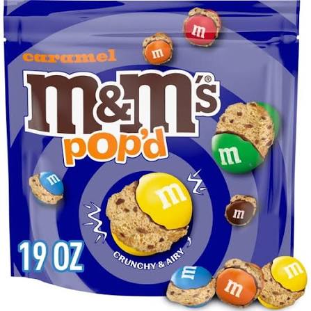 M&M's Pop'd Caramel Chocolate Crunchy Candy, Resealable Bag, 19 oz. product packaging