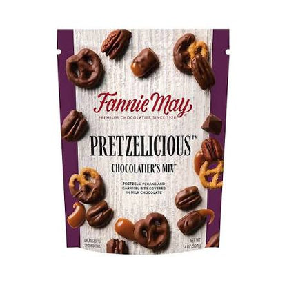 Fannie May Pretzelicious Milk Chocolate Snack Mix, With Pecans, Caramel, 14 oz. product packaging