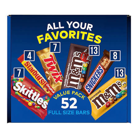 M&M's, Skittles, Snickers, Twix and Starburst Full Size Chocolate & Fruity Candy Bulk Variety, 52 ct. product packaging
