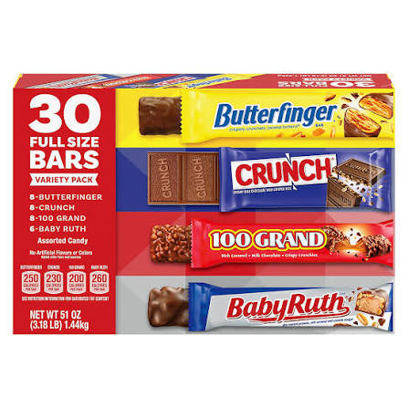 Butterfinger, Crunch, Baby Ruth and 100 Grand Full Size Chocolate Candy Bars, 30 ct. product packaging