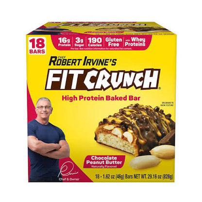 Robert Irvine's FITCRUNCH Chocolate Peanut Butter High-Protein Baked Bar, 16g Protein, 18 ct. product packaging