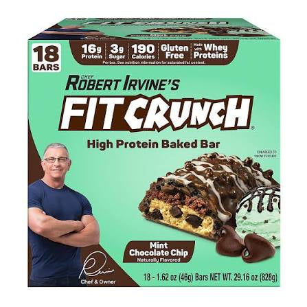 FITCRUNCH Mint Chocolate Chip High-Protein Baked Bar, Snack Size, 16g Protein, 18 ct. product packaging