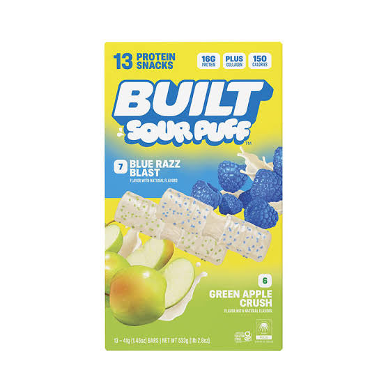 Built Sour Puff Protein Bars, Blue Razz Blast & Green Apple Crush, 16g Protein, 13 pk./1.45 oz. product packaging