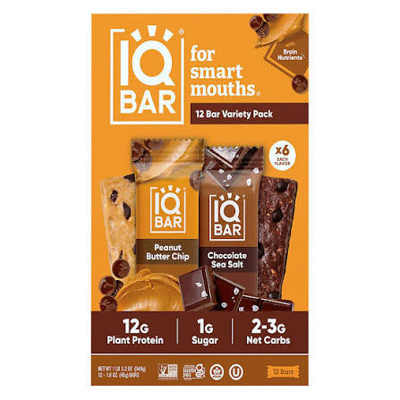 IQBAR Plant Protein Bars, Chocolate Sea Salt, Peanut Butter Chip Variety Pack, 12g Protein, 12 ct. product packaging