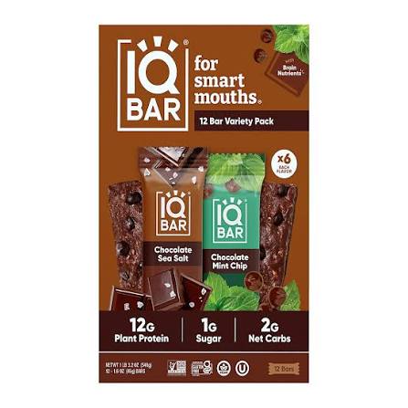 IQBAR Plant Protein Bars, Chocolate Sea Salt & Chocolate Mint Chip Variety Pack, 12g Protein, 12 ct. product packaging