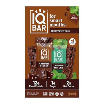 IQBAR Plant Protein Bars, Chocolate Sea Salt & Chocolate Mint Chip Variety Pack, 12g Protein, 12 ct. product packaging