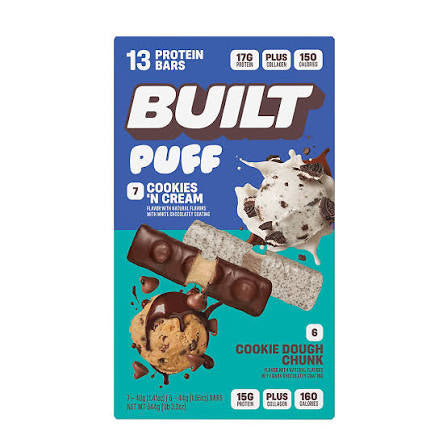 Built Puff Cookie Variety Pack, 15g Protein, Cookies N' Cream & Cookie Dough Chunk, 13 ct./1.41 oz. product packaging