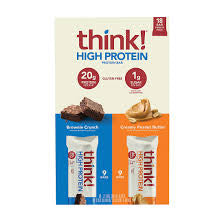 think! High Protein Bar Variety Pack, Brownie Crunch & Peanut Butter, 20g Protein, 18 ct. product packaging