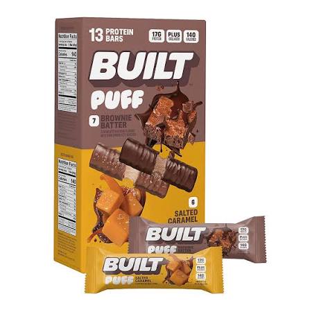 Built Puff Protein Bar Variety Twin Pack, Brownie Batter & Salted Caramel, 17g Protein, 13 ct./1.41 oz. product packaging