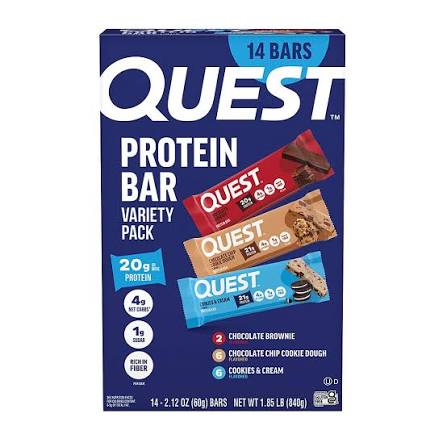Quest Protein Bar, 20-21g Protein, Three Flavor Variety Pack, 14 ct./2.12 oz. product packaging