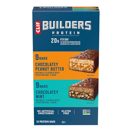 CLIF Builders Protein Bars Variety Pack, Chocolate Mint & Chocolate Peanut Butter, 20g Protein, 18 ct./2.4 product packaging