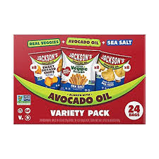 Jackson's Sea Salt Variety Pack, Sweet Potato Chips, Classic Kettle Chips, Super Veggie Straws, 24 ct. product packaging