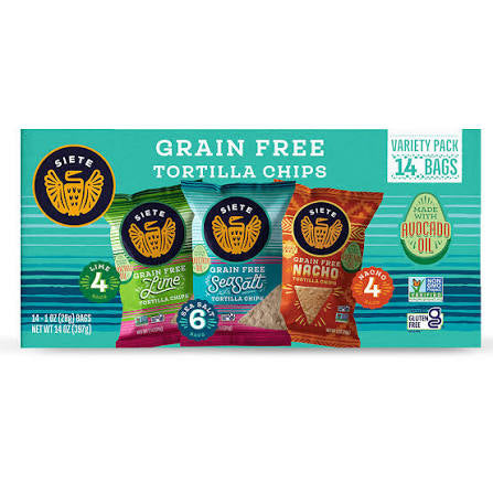 Siete Grain Free Tortilla Chips Variety Pack, Snack Packs, 14 pk./1 oz. product packaging