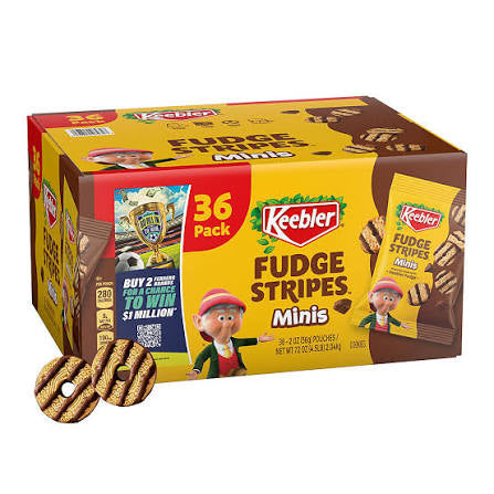 Keebler Fudge Stripes Minis, Original Shortbread Cookies Coated in Keebler Fudge, 36 ct./2 oz. product packaging