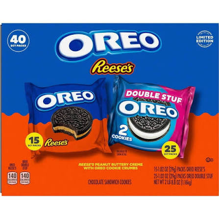 Oreo Reese's Peanut Buttery Creme and Oreo Double Stuf Cookies Variety Pack, 40 pk./1.02 oz. product packaging