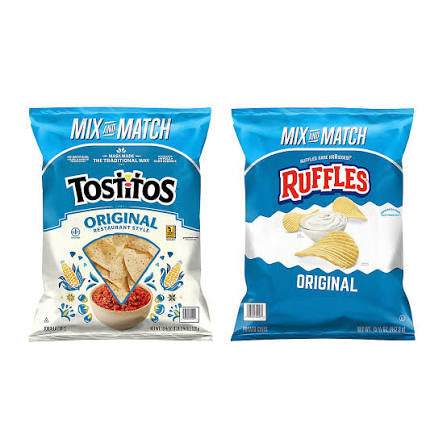Tostitos Restaurant Style Tortilla Chips & Ruffles Original Potato Chips, 2 pk. product packaging