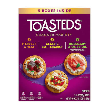Toasteds Variety Pack Crackers, 5 pk./8 oz. product packaging