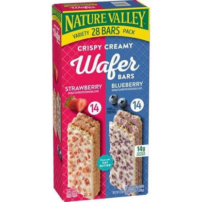 Nature Valley Crispy Creamy Wafer Bars Variety Pack Strawberry and Blueberry, 28 ct./1.3 oz. product packaging