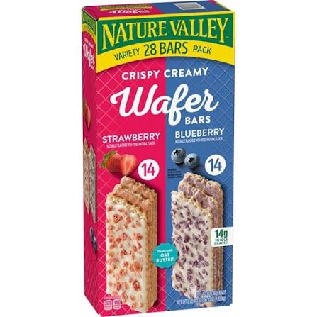 Nature Valley Crispy Creamy Wafer Bars Variety Pack Strawberry and Blueberry, 28 ct./1.3 oz. product packaging