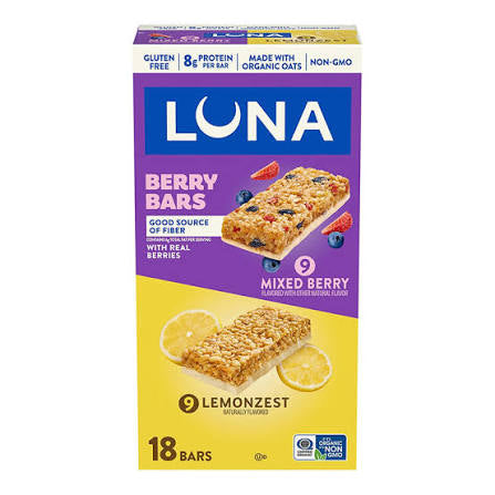 Luna Bar and Luna Berry Bars Variety Pack Gluten Free Protein Snack Bars, 18 pk./1.69 oz. product packaging