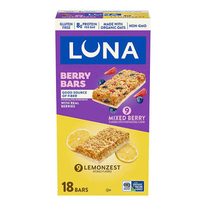 Luna Bar and Luna Berry Bars Variety Pack Gluten Free Protein Snack Bars, 18 pk./1.69 oz. product packaging