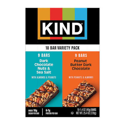 KIND Dark Chocolate & Peanut Butter Dark Chocolate Nut Bars Variety Pack, 18 pk./1.4 oz. product packaging