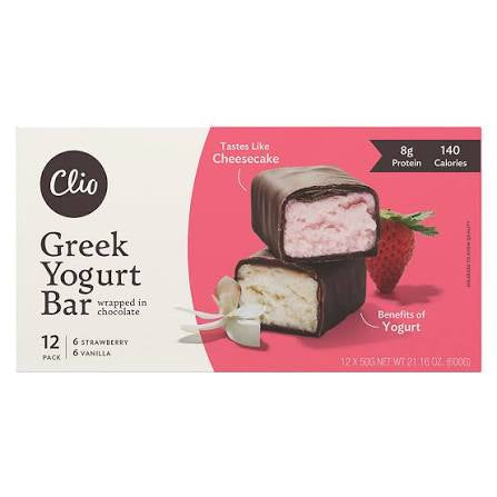 Clio Greek Yogurt Bars Strawberry and Vanilla, 12 pk./1.76 oz. product packaging