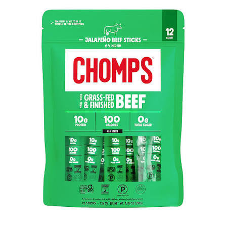 Chomps Jalapeno Grass-Fed Beef Meat Sticks, 12 ct./1.15 oz. product packaging