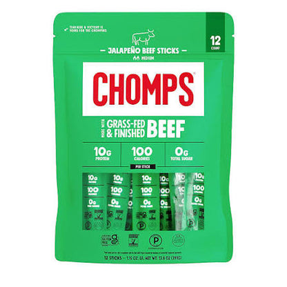 Chomps Jalapeno Grass-Fed Beef Meat Sticks, 12 ct./1.15 oz. product packaging