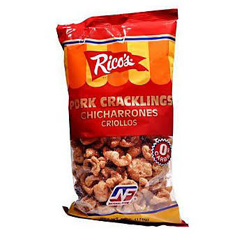 Rico's Pork Cracklins Chicharrones Criollos, 6 oz. product packaging