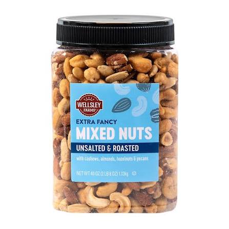 Wellsley Farms Roasted Unsalted Fancy Mixed Nuts, 40 oz. product packaging