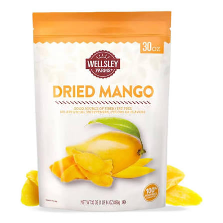 Wellsley Farms Dried Mangoes, Natural Tree-Ripened and Non-Acidic, 30 oz. product packaging