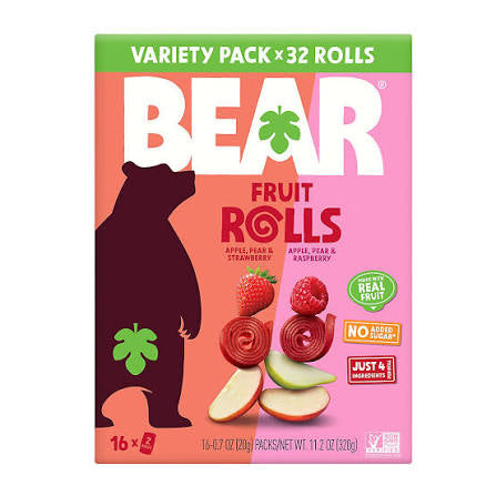 Bear Real Fruit Snack Rolls Variety Pack, Strawberry Apple and Raspberry Pineapple, 16 ct./0.7 oz. product packaging