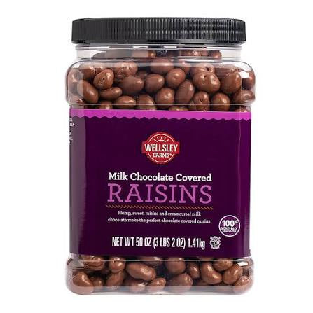 Wellsley Farms Milk Chocolate Covered Raisins, 50 oz. product packaging