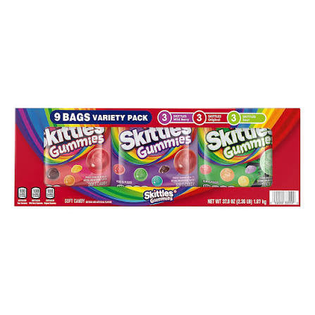 Skittles Gummies Gummy Candy Variety Pack, 9 ct. product packaging
