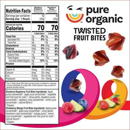 Pure Organic Variety Pack Twisted Fruit Bites, Blueberry Raspberry and Peach Mango, 24 ct./0.71 oz. – alternate product view 2