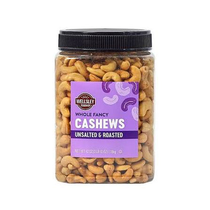Wellsley Farms Whole Fancy Roasted Unsalted Cashews, 42 oz. product packaging