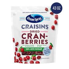 Ocean Spray Craisins 50% Less Sugar Dried Cranberries, 43 oz. product packaging