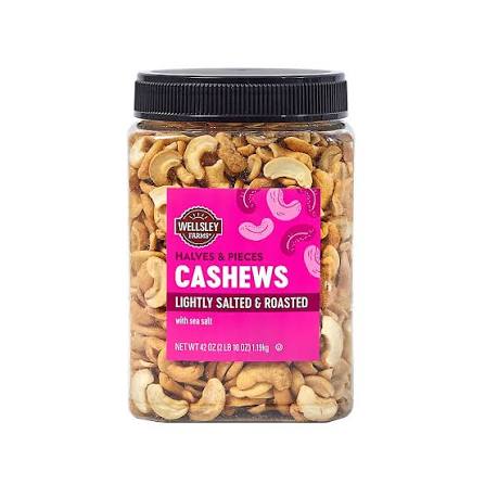Wellsley Farms Lightly Salted Cashew Halves and Pieces, 42 oz. product packaging