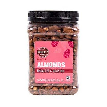 Wellsley Farms Oil Roasted and Unsalted Almonds, 40 oz. product packaging