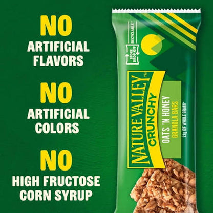 Nature Valley Oats 'n Honey granola bars: wrapped bar with no artificial flavors or colors callout