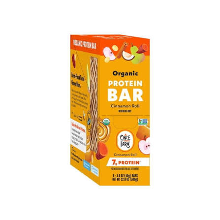 Once Upon a Farm cinnamon roll protein bars: side view of the orange protein bar carton