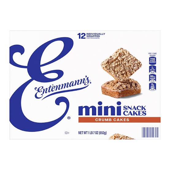 Entenmann's crumb mini snack cakes: side of carton showing individually wrapped crumb cakes