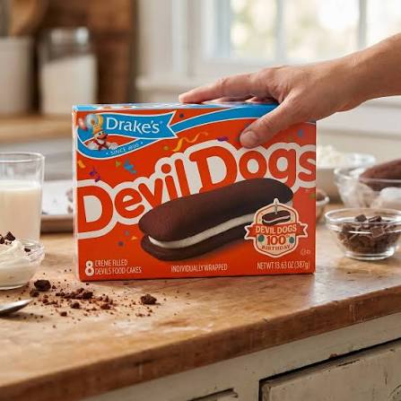Drake's Devil Dogs: devil Dogs box on a counter beside snacks