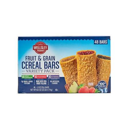 48-bar variety pack box of Wellsley Farms fruit and grain cereal bars